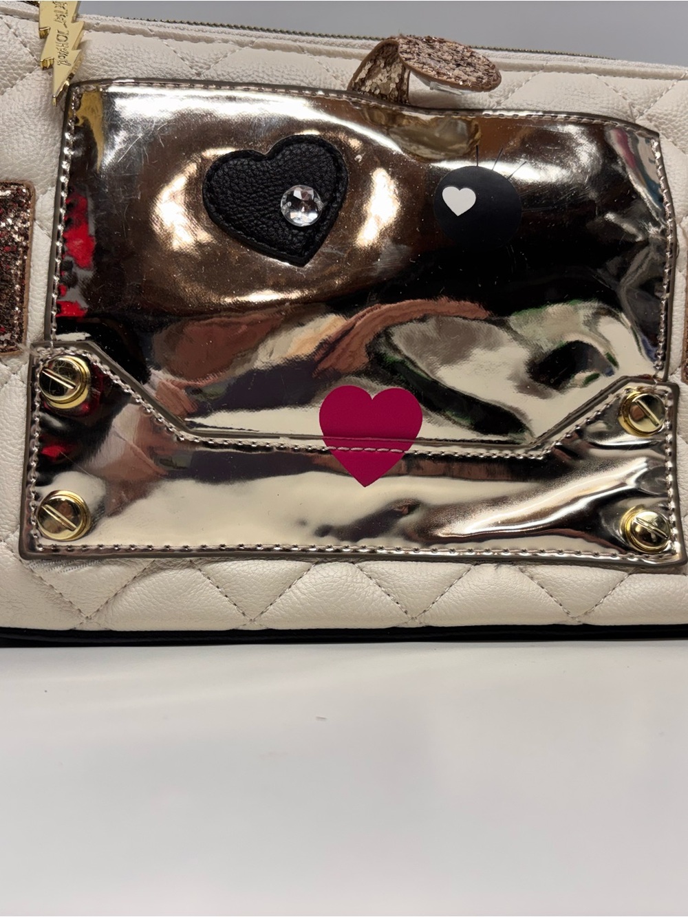 Betsey Johnson Cream Quilted Cosmetic Bag with Gold Metallic Heart Pocket